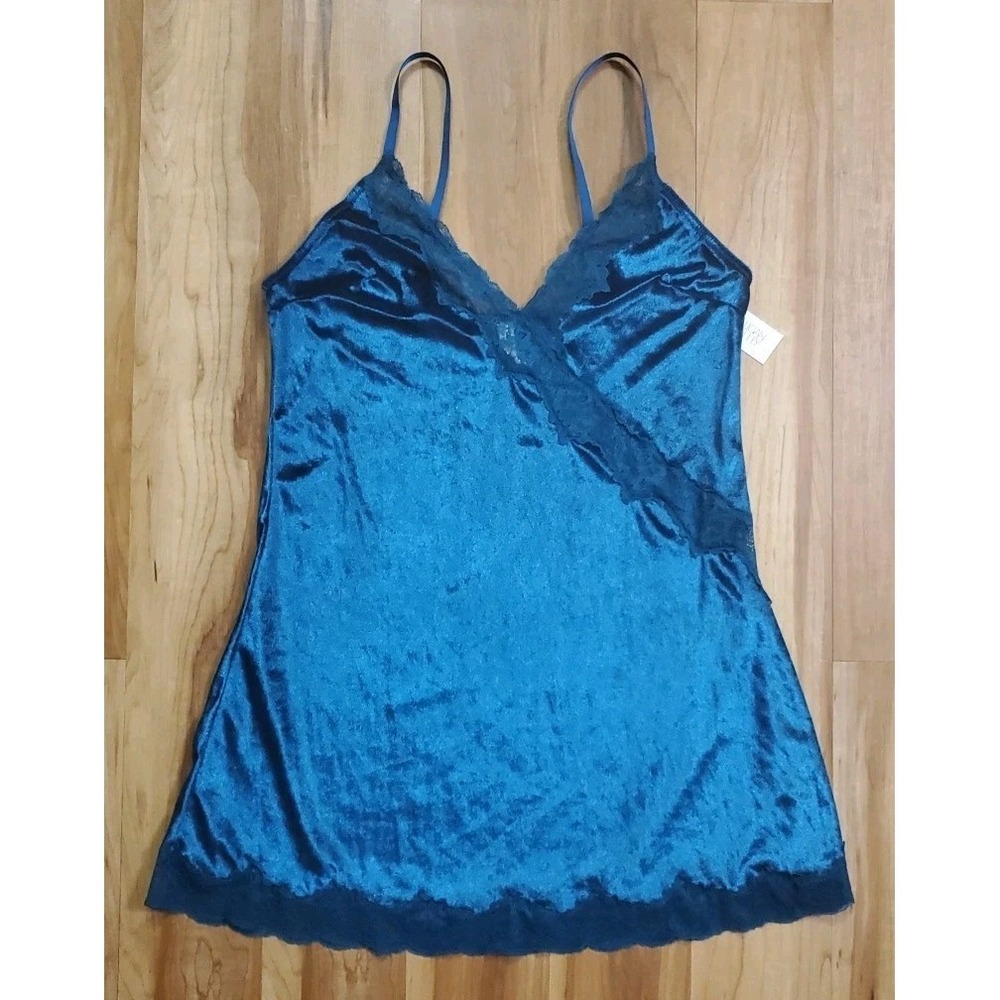 Gilligan‎ & O'Malley Lingerie Chemise Slip Gown Small Teal Velvet Lace Trim Sz L